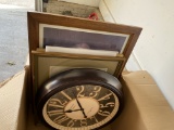 Clock and framed items lot