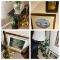 Framed art, lamp, wooden frog pedestal