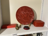 Cinnabar plate and box, small buddha and other Chinese objects lot