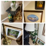 Framed art, lamp, wooden frog pedestal