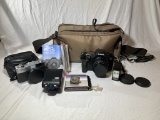 Canon EOS 650 Camera, Camera Accessories & Minolta Hi-Matic Camera.  See Photos