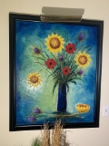 Signed oil on canvas painting depicting sunflowers