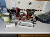 Group of misc kitchen items including Cow pitcher, wine cooler