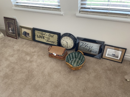 Longaberger baskets, framed home decor, clock