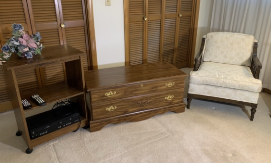Nice Upholstered Chair, TV Stand, Chest & Magnavox VHS / DVD Combo