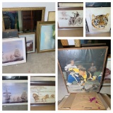 Group of Framed Artwork and Mirror