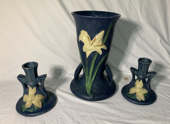 3 Pieces of Roseville - Candlesticks and Vase.  See Photos for Extra Details.