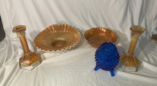 4 Pieces of Carnival Glass and Fenton Votive