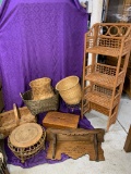 Group of Baskets, Foot Stools &  Wicker Shelf