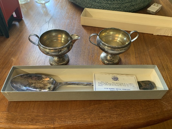 2 Pieces of Weighted Sterling Silver Cream & Sugar & Rogers Silverplate Serving Spoon in Box