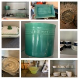 Kitchen Cleanout - Arabia Plates, cups, saucers Le Creuset Utensil Jar Casserole Dish, Glassware and