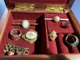 Jewelry box contents - 14k brooch, 10k ring etc