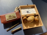 Victorian sewing eggs, pin holders, souvenir sewing box