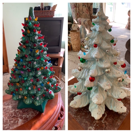 2 Ceramic Porcelain Light Up Christmas Trees