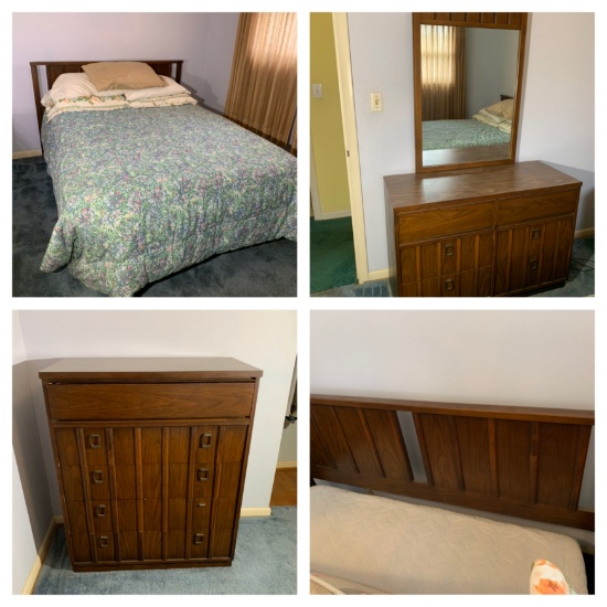 Queen Bed, Chest of Drawers, Dresser & Mirror