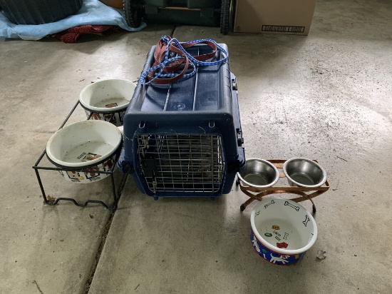 Pet Carrier and Dishes