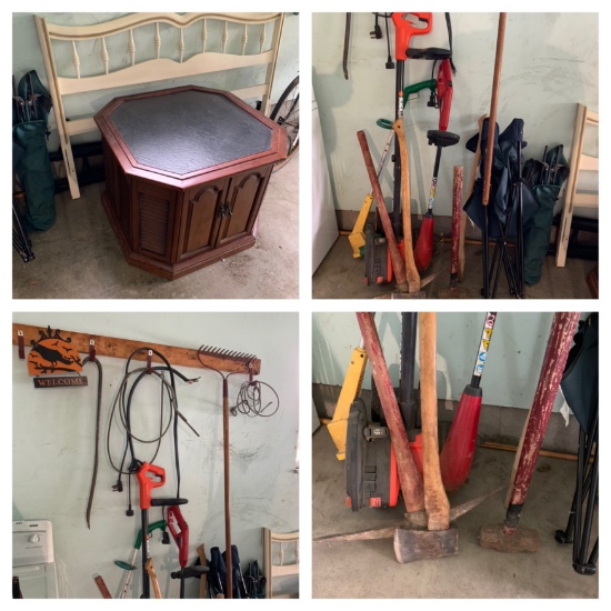 Yard Tools, Sledge Hammer, Ax, Camp Chairs, Head Board, Seeder, Step Ladder & More