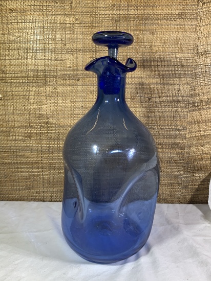 Blue Art Glass Bottle or Decanter awith Stopper.