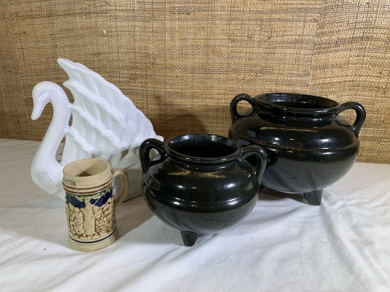 Van Briggle Pottery Colo Spgs White Swan, Vintage Roseville R.R.P Pots & Stein.