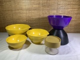 3 Brookpark Mixing Bowls, Bee Plastics Storage Container, Husqvarna Sweden Purple & Black Bowl.