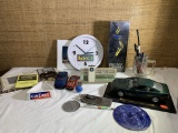 Advertising Meci Clock, Cinzano Vermouth, Vintage Apple Pens, BMW Pola Plastic Display.