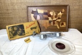 Vintage Autotray, Flemington Cut Glass Co. Plate and Wooden Map Wall Hanging