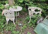 Cast Iron Tables, 3 chairs, Bench & Garden Cart .