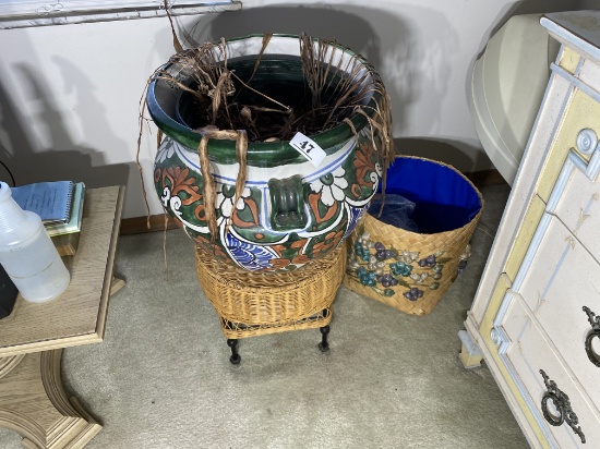 Large ceramic planter, stool, basketweave bin