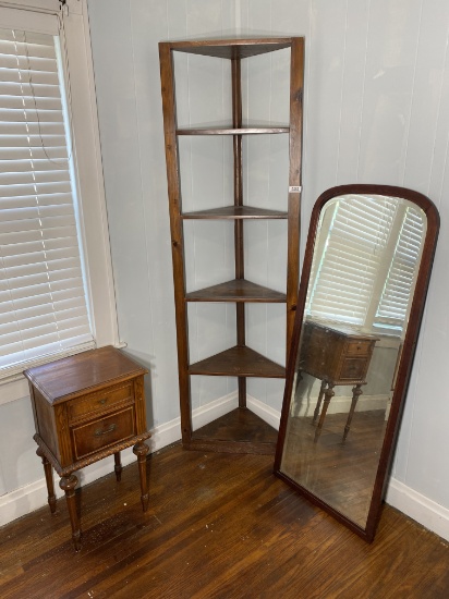 Corner shelf, small stand, large bevelled mirror