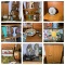 2 Cabinets, Sewing Items, Bowling Ball, Glassware, Quilt Patches & More