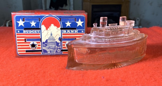 "Remember the Main" Glass Decorative Ship, and Vintage Budget Bank