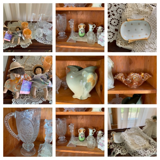 Assortment of Glassware, My Pals Dolls, Dollies, Candle Holders & More