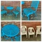 Blue Patio Set and 3 Plastic Patio Chairs