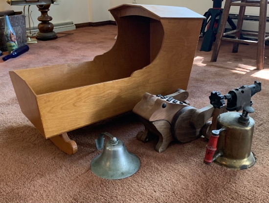 Child's Doll Cradle, Toy Frog, Bell and More