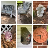 Patio Glider, 2 Plastic Chairs, Teracoat Clock, Garden Statues & Watering Can