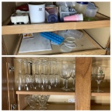 Shelf lot of kitchen items plus champagne flutes etc