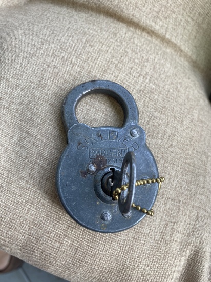 Antique Sargent Six Lever Padlock Lock with Key