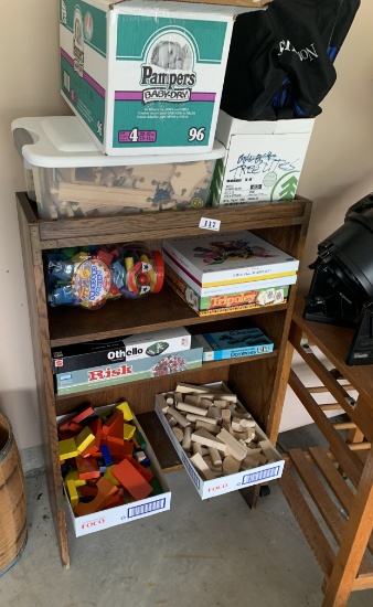 Shelf and contents - puzzles, kids games, toys