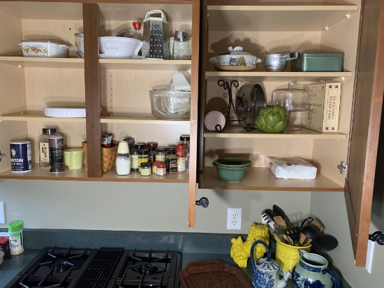 Asian pottery, utensils, ceramic dragon, cabinet contents
