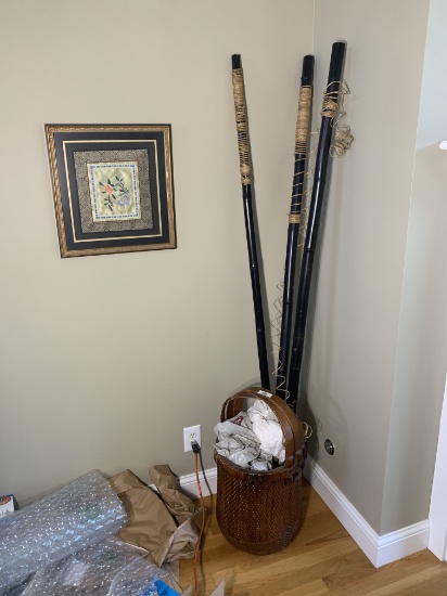 Decorative Staffs, basket, framed Asian silk
