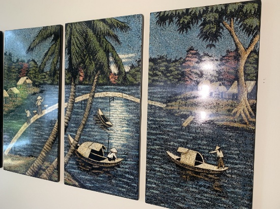Enamelled wood Four Panel Moonlit Harbor Asian Scene
