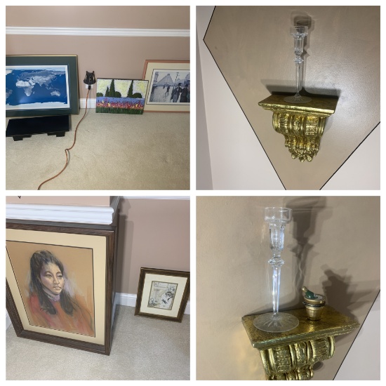 Shelf, artwork, wall sconces and glass candle holders lot