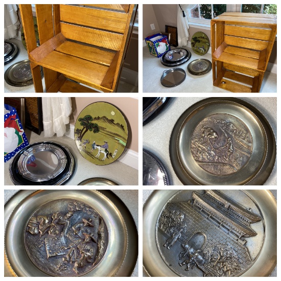 Wood Crates, Asian metal scenic plates, ceramic charger etc