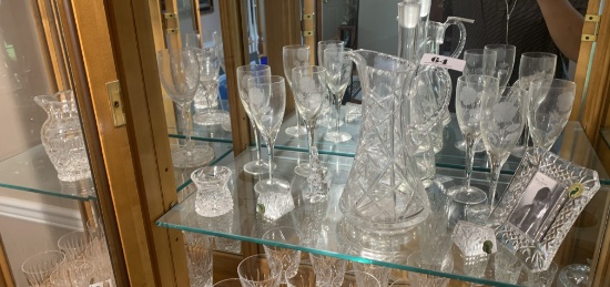 Shelf lot of crystal and glass including Waterford