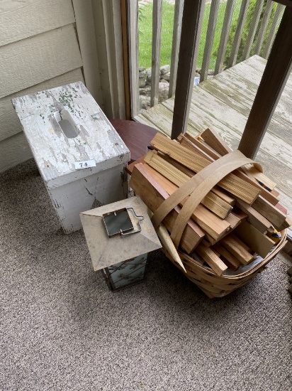 Stool, lantern, wood in basket, heart stool