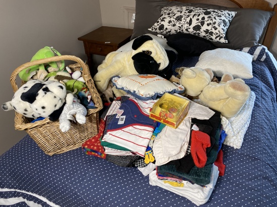 Plush toys, children's clothing, white afghan