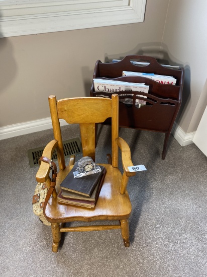 Waterford desk clock, books, miniature rocker