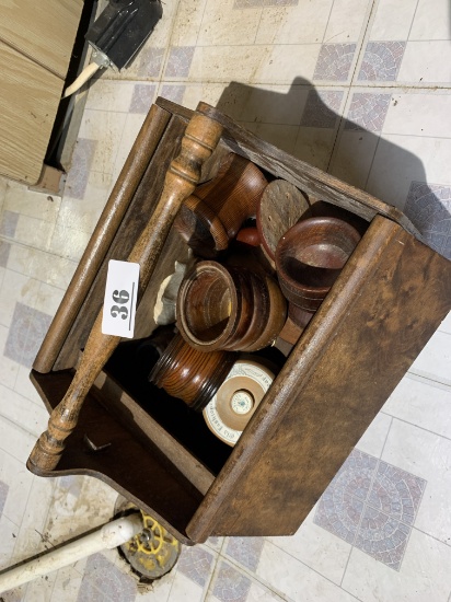 Sewing box filled with treen carved wood pieces