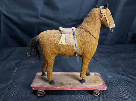 Antique Mohair Toy Horse on Cart