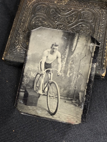 1/6 plate tintype photo young man on bicycle